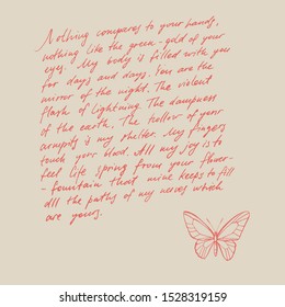 Butterflies silhouettes. Butterfly card template on romantic ckground. Graphic illustration. Handwritten abstract text wallpaper
