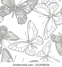 Butterflies silhouettes. Butterfly icons isolated on white background. Graphic illustration. Seamless patterns