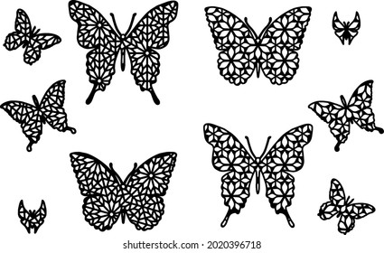 Butterflies silhouettes with geometric ornament. Basis graphics on white background