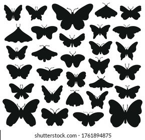 Butterflies Silhouettes. Hand Drawn Butterfly, Drawing Insect Graphic. Black Drawing Butterflies Silhouettes Isolated Vector Illustration Set. Insect Butterfly Black Silhouette, Hand Drawn Form