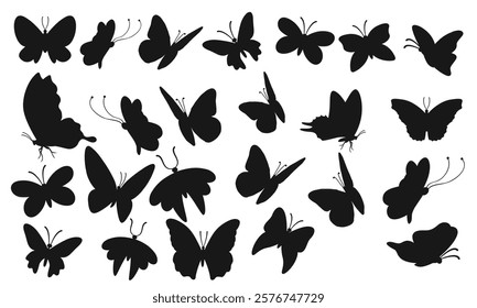 Butterflies silhouettes. Hand drawn butterfly, drawing insect graphic. Black drawing butterflies silhouettes isolated vector illustration set. Insect butterfly black silhouette, hand drawn form