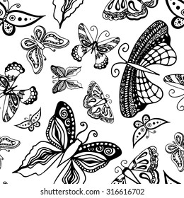 Butterflies silhouettes in hand-drawn style for tattoo design. Vector decorative doodle seamless.