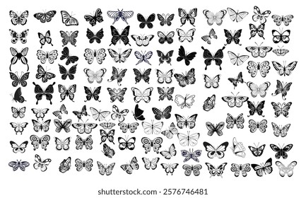 Butterflies silhouettes. Moth and butterfly wings pattern laser cut outline. Flying insect decorative. Butterflies tattoo vector set. Butterfly dragonfly tattoo, flying moth black white illustration