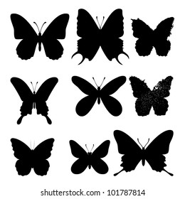 Butterflies silhouettes on white background. Vector set