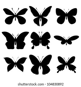 Butterflies silhouettes on white background. Vector set