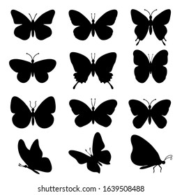 Butterflies silhouettes. spring butterfly silhouette collection isolated on white background. Vector butterfly set.