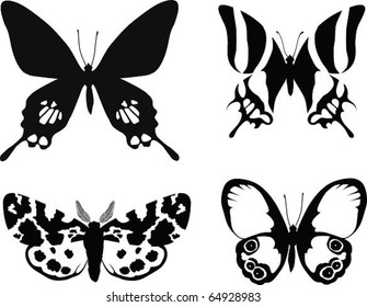 Butterflies silhouettes. The vector illustration of four exotic butterflies in black color. Can be used as tattoo base.