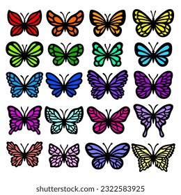 Butterflies silhouettes vector set. 20 Layered templates for laser or paper cutting, printing on a T-shirt, mug. Insects cut files. Flat style. Hand drawn decorative element for your design.