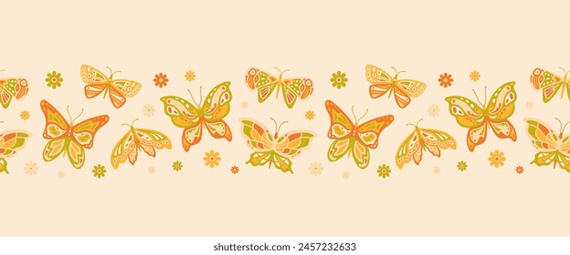 Butterflies and simple flowers in seamless border pattern. Fluttering insects in abstract summer garden. Vintage background with 70s, groovy, hippie elements. Vector illustration in seventies style