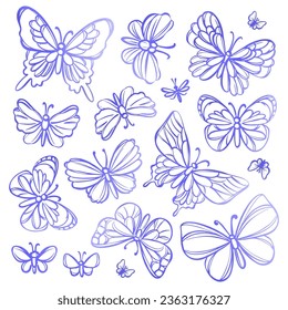 BUTTERFLIES SKETCH Watercolor Silhouettes Of Beautiful Summer Blue Tropical Insect On White Background Hand Drawn Cartoon Clipart Vector Illustration Collection