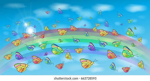 Butterflies in the sky and a rainbow. Concept of lightness and airiness. Horizontal orientation of the sheet. Illustration for your design.