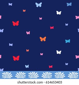 Butterflies in the sky. Simple border design on dark blue background.