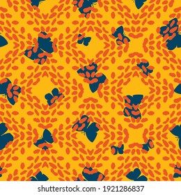 Schmetterlinge und gefleckte Gitter nahtlose Vektormuster. Lebhaftes Oberflächendesign für Stoffe, Schreibwaren, Schrapbuchpapier, Geschenkpapier, Textilien, Hintergründe und Verpackungen.