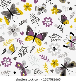 Butterflies and sprigs pattern. Florals botanicals seamless print, printed botanical floral vector background on white, decorative spring meadow flora vector illustration
