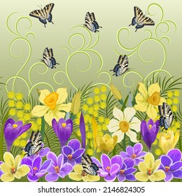 Butterflies and spring flowers in a pattern.Vector pattern with spring flowers, butterflies and decor on a colored background.