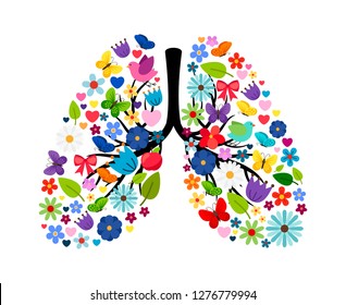 Butterflies And Spring Flowers In Shape Of Human Lungs. Vector Floral Flower And Color Summer Artwork Illustration