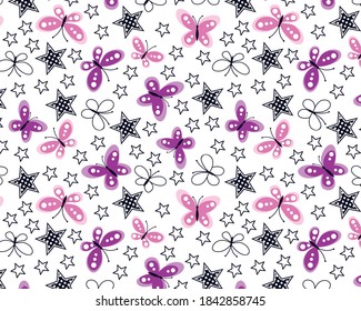 Butterflies and stars pattern for textile print fashion design 
