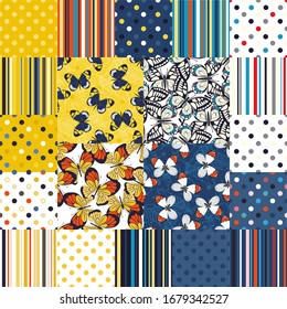 Butterflies, stripes and polka dot. Set of vector seamless patterns