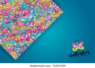 Butterflies summer concept in 3d cartoon doodles background design. Hand drawn colorful vector illustration.