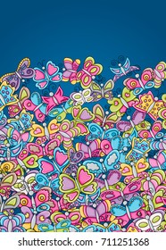 Butterflies summer concept background. 3d cartoon doodle design. Hand drawn colorful vector illustration.