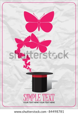 Butterflies taking off from magic hat. Vector illustration, paper-background. Place for your text.