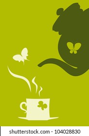 Butterflies, teapot and cup of tea.