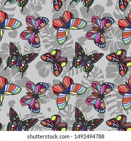 butterflies and tropical flowers, leaves seamless pattern. eps10 vector illustration. hand drawing