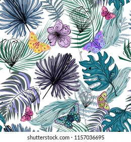 Butterflies and tropical leaves, sketch elements on white background, seamless vector pattern