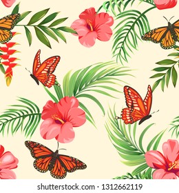 Butterflies and tropical plants. Seamless pattern