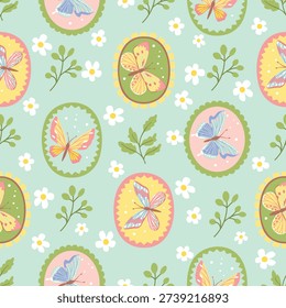 Butterflies and twigs seamless pattern. Cute hand drawn background with insect cameo, flowers, leaves in pastel colors. Cartoon vector print on fabric and paper. Ideal for textile, clothes, wallpaper.