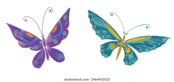 Butterflies two, watercolor drawing, wings, putple, green, flying,summer, decorative, vector illustration isolated on white