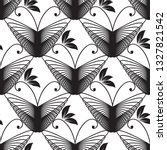 Butterflies vector black and white seamless pattern. Abstract ornamental background. Modern line art geometric radial shapes, lines, flowers, leaves. Fractal butterfly. Decorative repeat illustration