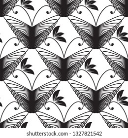 Butterflies vector black and white seamless pattern. Abstract ornamental background. Modern line art geometric radial shapes, lines, flowers, leaves. Fractal butterfly. Decorative repeat illustration