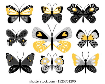 Butterflies vector color illustrations set. Tropical insects with yellow ornaments on wings isolated bundle on white background. Exotic bugs cliparts. Butterflies scrapbooking decor elements