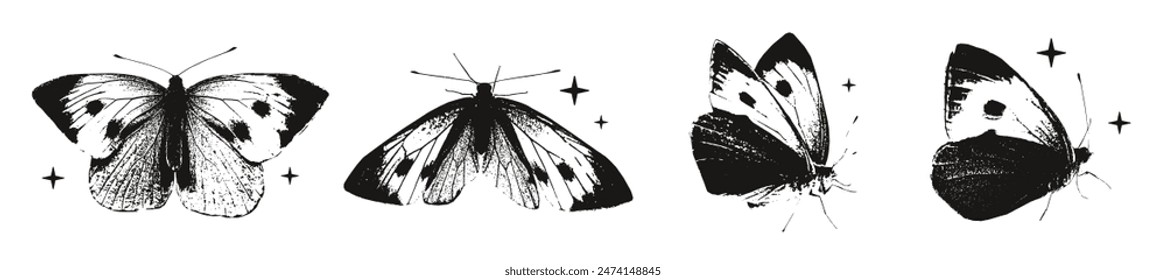 Butterflies vector illustration with vintage stipple effect, y2k collage design set or collection. Monochrome moth photocopy retro design elements for grunge gothic surreal poster or placard.