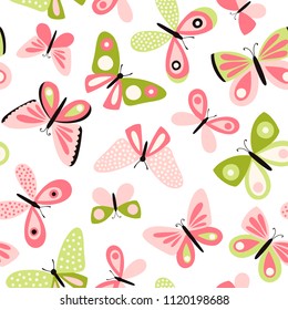 Butterflies vector seamless pattern in pastel colors. Spring background.