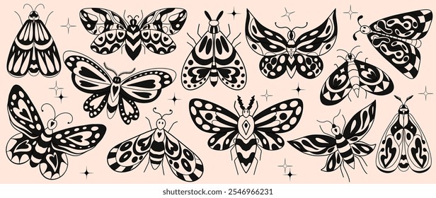 Butterflies vector set. moth butterfly. Collection of vintage elegant illustrations of butterflies. Monochrome Insect black winged gorgeous vector illustration