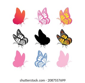 Butterflies vector set Flying butterfly outline silhouette black tattoo drawing isolate stencil Plotter laser cutting Vinyl wall sticker decal Icon Logo sign Embroidery Paper cut file Cricut Craft art