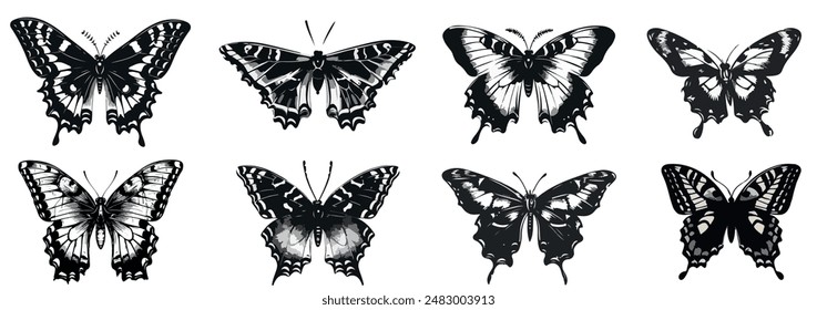 Butterflies with vintage stipple effect sketch  tattoo art stickers. Vector illustration, butterfly silhoette in trendy retro 2000s style. Vector illustration for grunge gothic surreal poster