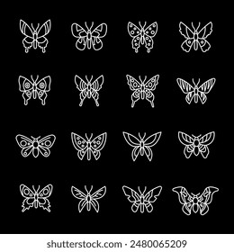 Butterflies, white line icons. Various butterfly species. nature and entomology themes. Symbols on black background. Editable stroke.