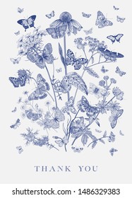 Butterflies and wild flowers. Card. Vector vintage classic illustration. Thank you. Blue and white
