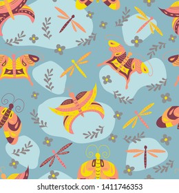 butterflies and wild flowers seamless pattern vector art