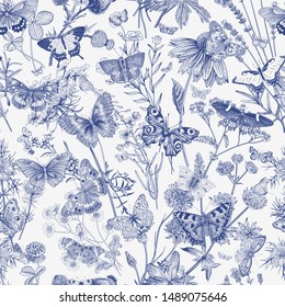 Butterflies and wild flowers. Seamless pattern. Vector vintage classic illustration. Blue and white