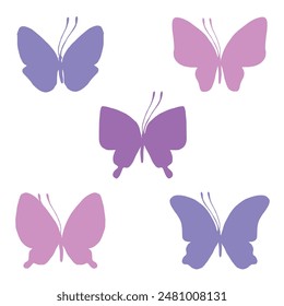 Butterflies with wings and antennae in pink and lilac colors. Delicate, romantic simple insects. Graphic illustration set of their several elements, clip art vector silhouettes.