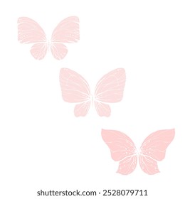 Butterflies with wings in pink colors. Delicate, romantic simple insects. Graphic illustration set of their several elements, clip art vector silhouettes.