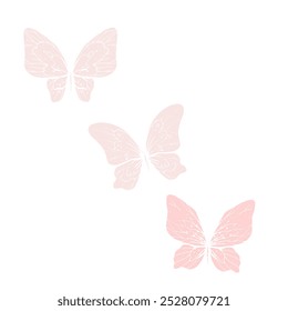 Butterflies with wings in pink colors. Delicate, romantic simple insects. Graphic illustration set of their several elements, clip art vector silhouettes.