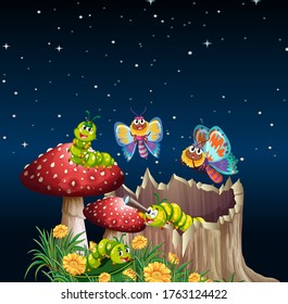 Butterflies and worms living in the garden scene at night illustration