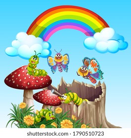 Butterflies and worms living in the garden scene at daytime with rainbow illustration
