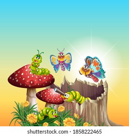 Butterflies and worms living in the garden scene at daytime illustration