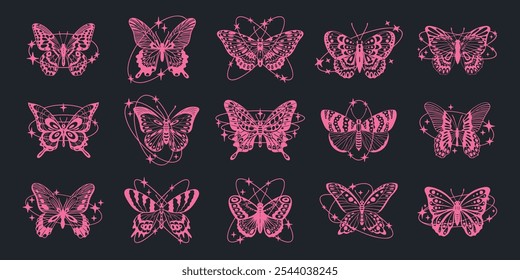 Símbolos de mariposas y2k. Insectos estéticos Abstractas y2k, siluetas de mariposa con estrellas brillantes y decoraciones de Formas ovaladas conjunto de Ilustración vectorial plana. Mariposas rosadas sobre fondo oscuro